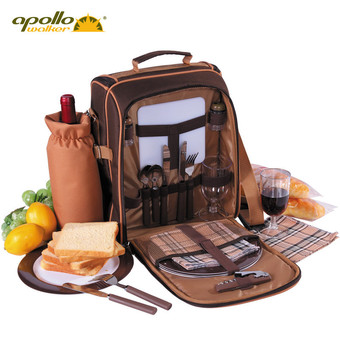 Apollowalker Picnic Basket Messenger Bag with Dinnerware Set for 2 People for Outdoor/Sports/Hiking/Camping/BBQ (Coffee Strips)