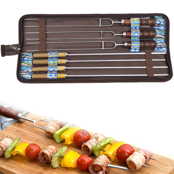 BBQ 304 Stainless Steel Grill Fork 7 pcs(Wooden+silver)