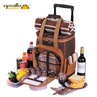 Apollowalker Insulated Picnic Bag Trolley Case with Dinnerware Set for 4 People for Outdoor/Sports/Hiking/Camping/BBQ (Coffee Strips)