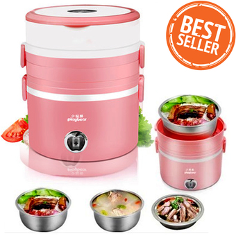 Hot item Electric Lunch Box กล่องใส่อาหารไฟฟ้าอเนกประสงค์ 3 ชั้น แบบพกพา 3 in 1 อุ่น หุง ต้ม ในเครื่องเดียว- Pink Series