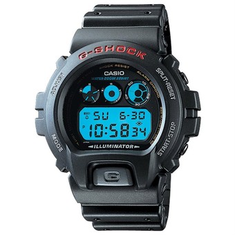 Casio G-shock DW-6900-1 auto-calendar with Black Resin Band and Neutral Face Color.
