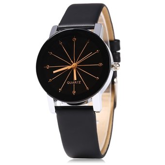 Women Fashion Quartz Watch 6 Lines In Dial Leather Band Black