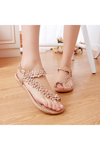 LALANG Hot Sales Summer Women Sandals Bohemia Flower Casual Toepost Flats Shoes Apricot