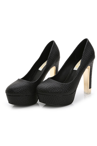 Fashion High-Heeled Shoes Platform Woman Pumps Round Toe Ladies Shoes (Black)