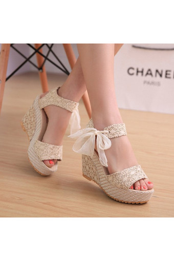 Sexy Lace Shoes Peep Toe Wedge Womens Platform High Heel Pump Sandals Bowknot