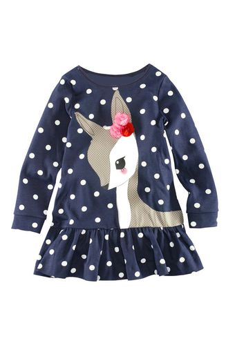 Girls Deer Pattern Polka Dot Long Sleeve Dress (Blue)