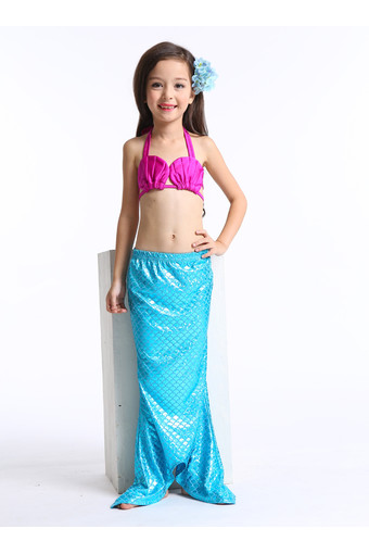 Kmart ชุดว่ายน้ำ ชุดนางเงือก เซ็ต 3 ชิ้น เสื้อเกาะอก+กางเกง+กระโปรงหางนางเงือก ลายเกร็ด สีฟ้า