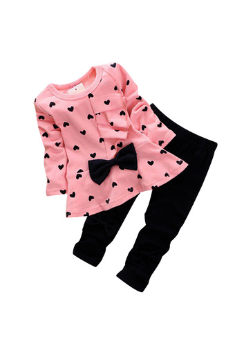 Girls Heart Dot Bow knot Blouse PC Shirts &amp; PC Pants Pink - Intl