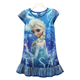 Disney Frozen เสื้อผ้าเด็ก ชุดกระโปรงไฮเกรดพิมพ์ ELSA ติดเพชร A1247 (สีฟ้าอมม่วง)