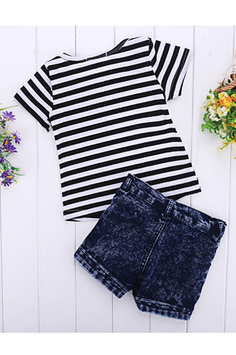 SuperCart Fashion Summer Children Girls Stripe Short Sleeve T-Shirt Tops Denim Pocket Shorts Two Piece Set - Intl
