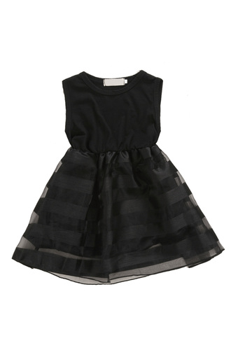 Girls Lace Striped Sleeveless Princess Dress (Black)