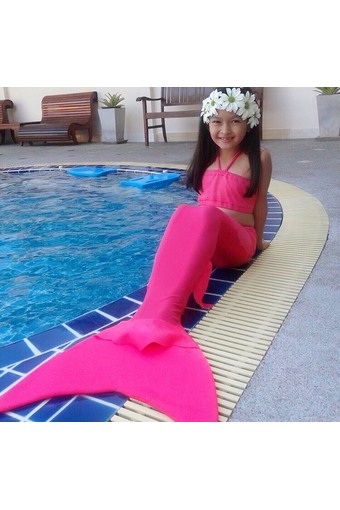 Mermaid Tail Thailand ชุดว่ายน้ำนางเงือกสำหรับเด็กแบบผ้ายืดธรรมดา เซ็ต 2 ชิ้น และ สร้อยไข่มุก (สีชมพู)