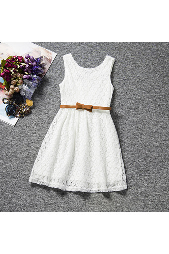 Summer Girls Kids Sleeveless Lace Vest Dress with Belts (White) - Intl