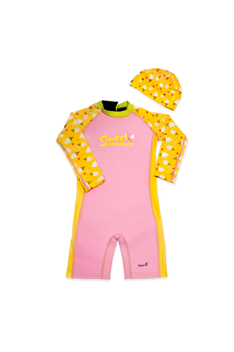 SwimFly Long Sleeve Wetsuit for Kids ชุดว่ายน้ำรักษาอุณหภูมิแบบแขนยาว พร้อมหมวกว่ายน้ำ สำหรับเด็กลายไอติม (สีชมพู/เหลือง)