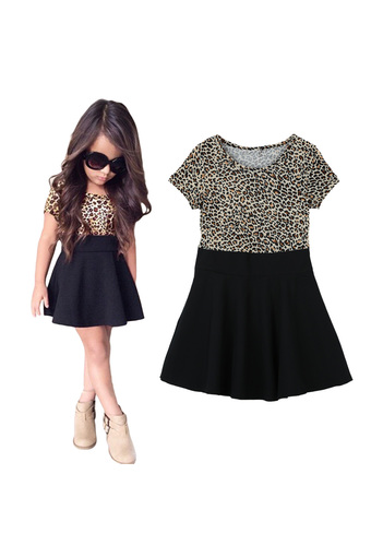 Fashion Girl Dress Leopard Print Round Neck Short Sleeves Mini Pleated Dress Black - Intl