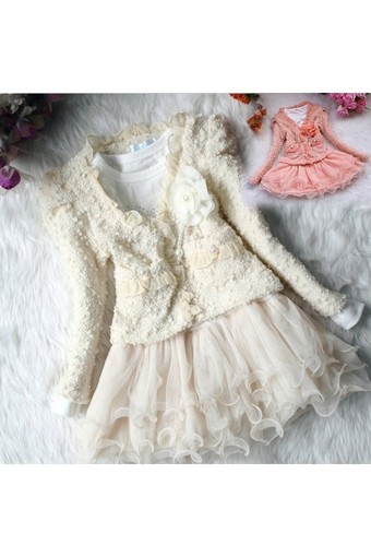Kids Girls Lace Skirt Dress+Coat Jacket 2Pcs Set Party Tulle Tutu Dress Beige