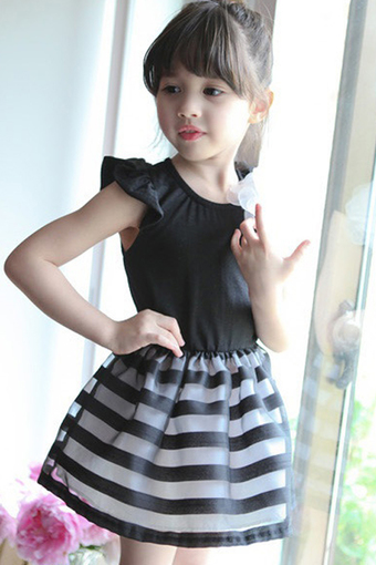 Cyber Summer Kids Girls Short Sleeve High Waist Dress O-Neck Splice Stripe Ball Gown Dress (Black)