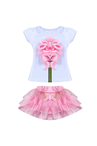 Girls Princess Party Dress Set Flower T-Shirt + Tutu Skirt (Pink)