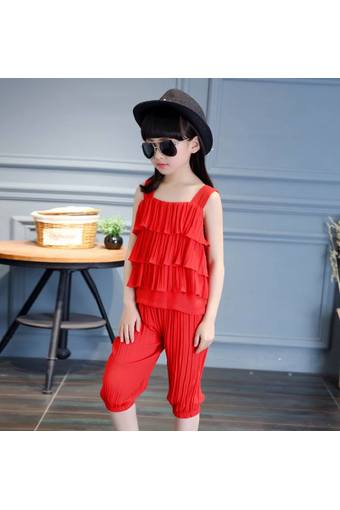 Friendly 4 Kid ชุดเซ็ต เสื้อระบายชั้น สีแดง+กางเกงสามส่วน