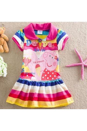 Kids Girls Peppa Pig Striped Rainbow T-Shirt Skirt Child Short Sleeve Dress