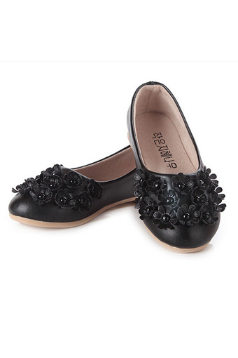 I01 Black New Fashion Princess Flowers Girls Shoes Children Cute Leather Shoes Rubber Sole Size:26-36