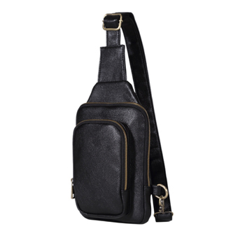 LT365 Men&#039;s 2-Layer PU Leather Chest Pack Cross Body Sling Bag Hiking Daypack - Black