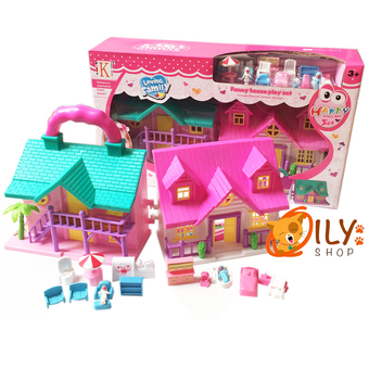 Dream House บ้านตุ๊กตาสองชั้น สีสันสดใส พกพาสะดวก พับเป็นกระเป๋าหิ้วได้ สีชมพู-ม่วง