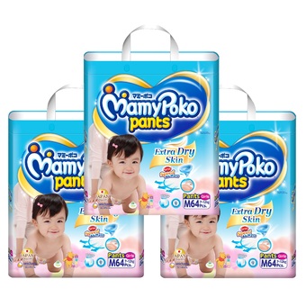 ขายยกลัง! Mamy Poko กางเกงผ้าอ้อม รุ่น Extra Dry Skin ไซส์ M แพ็ค 3 รวม 192 ชิ้น (สำหรับเด็กหญิง)