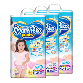 ขายยกลัง! MAMYPOKO มามี่โพโค กางเกงผ้าอ้อมเด็ก PANTS EXTRA DRY SKIN - GIRL ไซส์ XL 46 ชิ้น (รวม 3 แพ็ค ทั้งหมด 138 ชิ้น)