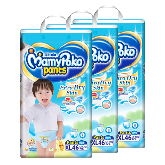 ขายยกลัง! MAMYPOKO มามี่โพโค กางเกงผ้าอ้อมเด็ก PANTS EXTRA DRY SKIN - BOY ไซส์ XL 46 ชิ้น (รวม 3 แพ็ค ทั้งหมด 138 ชิ้น)
