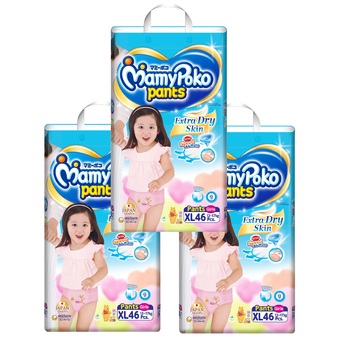 ขายยกลัง! Mamy Poko กางเกงผ้าอ้อม รุ่น Extra Dry Skin ไซส์ XL แพ็ค 3 รวม 138 ชิ้น (สำหรับเด็กหญิง)