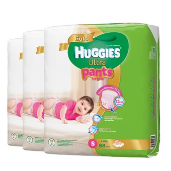 ขายยกลัง! Huggies Ultra Gold pants กางเกงผ้าอ้อม ฮักกี้ส์อัลตร้าโกลด์ ไซส์ S 3 แพ็ค 204 ชิ้น (แพ็คละ 68) สำหรับเด็กหญิง