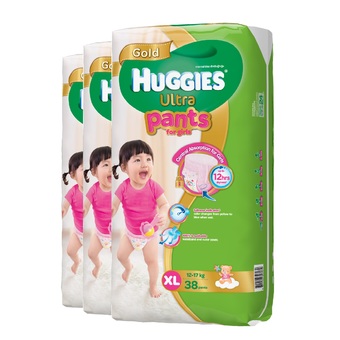 ขายยกลัง! Huggies Ultra Gold pants กางเกงผ้าอ้อม ฮักกี้ส์อัลตร้าโกลด์ ไซส์ XL 3 แพ็ค 114 ชิ้น (แพ็คละ 38) สำหรับเด็กหญิง