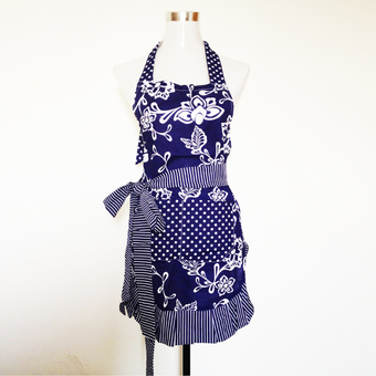 Fashion Flower Pattern Stripe Falbala Halter-neck Style Sleeveless Women&#039;s Kitchen Cooking Apron with Pocket Dark Blue
