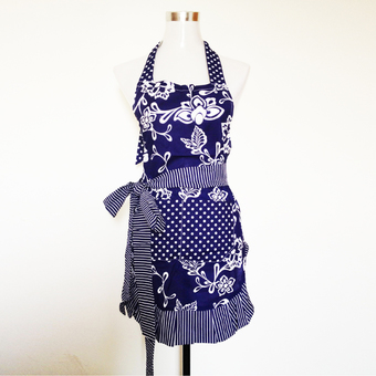 Fashion Flower Pattern Stripe Falbala Halter-neck Style Sleeveless Women's Kitchen Cooking Apron with Pocket Dark Blue