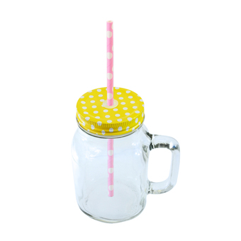 Vigar โหลแก้ว วินเทจ มีหูจับ ฝาลายจุด ขนาด 600 ml. (สีเหลือง)
