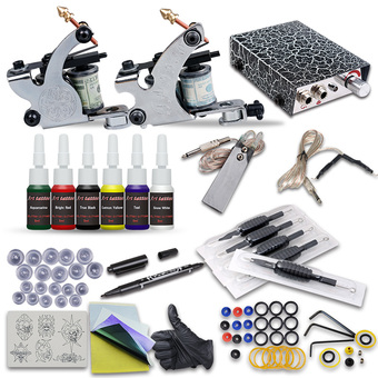 DragonHawk ชุดเครื่องสักคอยล์สำหรับหัดสัก เครื่องสักลายครบชุด เครื่องสักลงเส้น เครื่องสักลงเงา พร้อมอุปกรณ์สัก หมึกสัก สีสัก เข็มสัก หม้อแปลง สายเกี่ยว เท้าเหยียบ ฟุตสวิตช์ กระดาษลอกลาย สำหรับผู้เริ่มต้นเรียนสัก Beginner Double Tattoo Gun Starter Kits