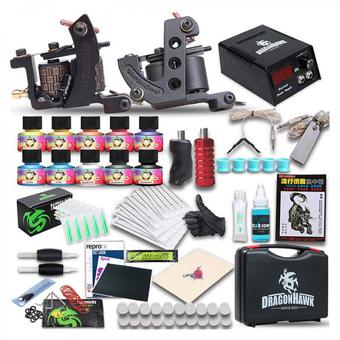 DragonHawk ชุดเครื่องสักคอยล์ เครื่องสักลายครบชุด พร้อมอุปกรณ์สัก หมึกสัก สีสัก เข็มสัก หม้อแปลง สายเกี่ยว เท้าเหยียบ ฟุตสวิตช์ กระดาษลอกลาย น้ำยาลอกลาย สำหรับช่างสักและผู้เริ่มต้นฝึกหัดสัก Professional Double Tattoo Machine Gun Kits
