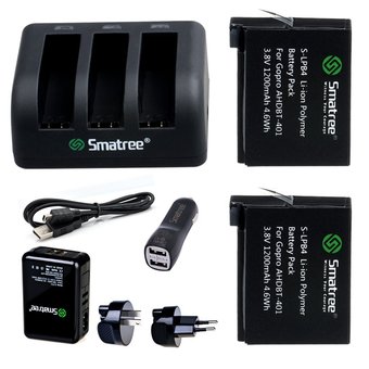 GOPRO Smatree® 1290mAh Replacement battery (2-Pack) for GoPro Hero4 and 3-Channel charger +Wall Charger + Car Charger+ for Gopro Hero 4 Camera