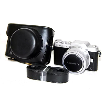 PU Leather Camera Case Bag For Panasonic Lumix DMC-GF8 GF7 Lumix GF8 GF7 With Shoulder Strap 12-32mm Lens (Black)