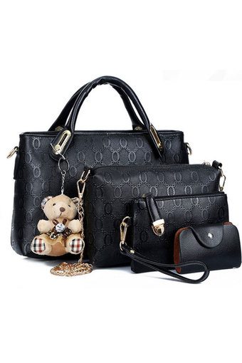 FTshop เซ็ต4ใบ กระเป๋าแฟชั่นเกาหลี+กระเป๋าสตางค์ผู้หญิง+กระเป๋าสะพายข้าง+พวงกุญแจหมี-รุ่น 35c (สีดำ)