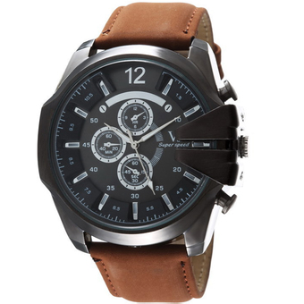 MEGA Luxury Quartz Waterproof Leather Watchband Outdoor Fashion Analog Wristwatch หรูหรานาฬิกาข้อมือ สายหนัง กันน้ำ รุ่น MG0018 (Black/Dark Brown)