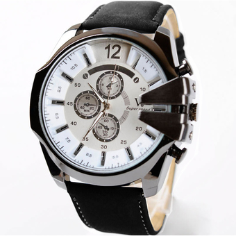 MEGA Luxury Quartz Waterproof Leather Watchband Outdoor Fashion Analog Wristwatch หรูหรานาฬิกาข้อมือ สายหนัง กันน้ำ รุ่น MG0018 (White/Black)