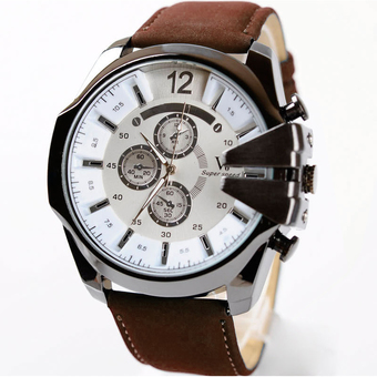 MEGA Luxury Quartz Waterproof Leather Watchband Outdoor Fashion Analog Wristwatch หรูหรานาฬิกาข้อมือ สายหนัง กันน้ำ รุ่น MG0018 (White/Dark Brown)