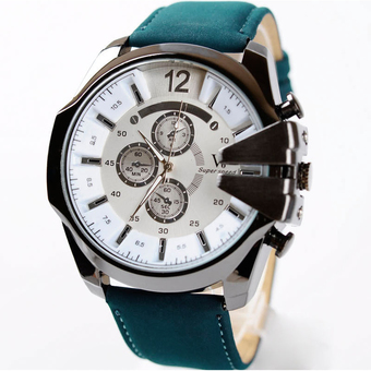 MEGA Luxury Quartz Waterproof Leather Watchband Outdoor Fashion Analog Wristwatch หรูหรานาฬิกาข้อมือ สายหนัง กันน้ำ รุ่น MG0018 (White/Green)