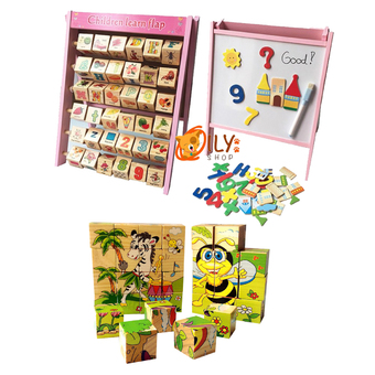 Wood Toy ของเล่นไม้ เเพ็คคู่ กระดานเสริมทักษะ 2 in 1 Children Learn Flap + บล็อกไม้ลูกเต๋า ต่อได้ 6 ด้าน