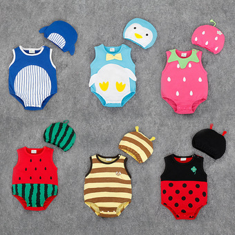 [Two-Piece]Cotton sleeveless baby animal shapes Romper Yellow stripes