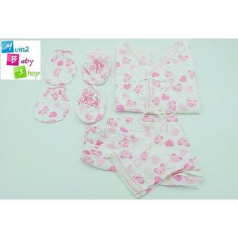 mum2babyshop ชุดเสื้อเด็กแรกเกิดผูกหน้า+แขนยาว+ขายาว+ถุงมือ+ถุงเท้า ผ้าcotton100% set 4 ชิ้น สีชมพู