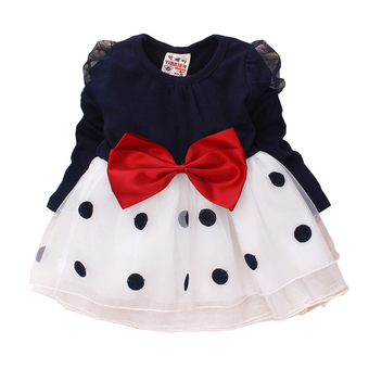 Newborn Girl Lovely Polka Dot Tutu Dress Long Bow-knot Dresses for Babies Infant Clothes Dark Blue