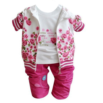 Baby Peony Coat / Long Sleeve T-shirt / Pants Clothes Set (Rose Red)